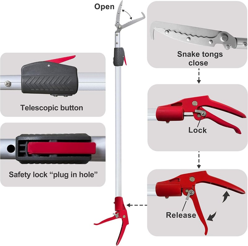 Prunrt 4.7-7.2 FT Snake Grabber Telescopic with Hooks, Rattle Snake Catcher Tool, Long Handle Reptile Wide Jaw Tongs - Image 3